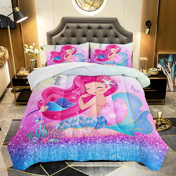 Mermaid Butterfly Comforter Set Twin Size Fairy Tale Sea Shell Grass Bedding Set Colorful Rainbow Quilt Bed Set for Kid Girls with 1 Comforter and 2 Pillowcases