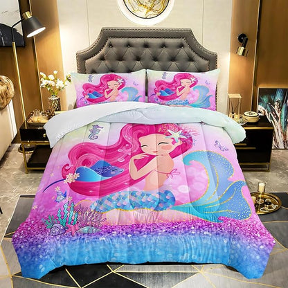 Mermaid Butterfly Comforter Set Twin Size Fairy Tale Sea Shell Grass Bedding Set Colorful Rainbow Quilt Bed Set for Kid Girls with 1 Comforter and 2 Pillowcases
