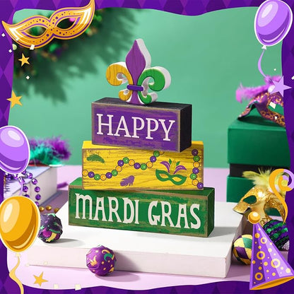 Moucuny 4 Pcs Mardi Gras Decorations Mardi Gras Wooden Sign Carnival Table Centerpiece Carnival Tiered Tray Decor Decorative Faux Book Stack Block for Masquerade Party Fireplace Mantel Shelf