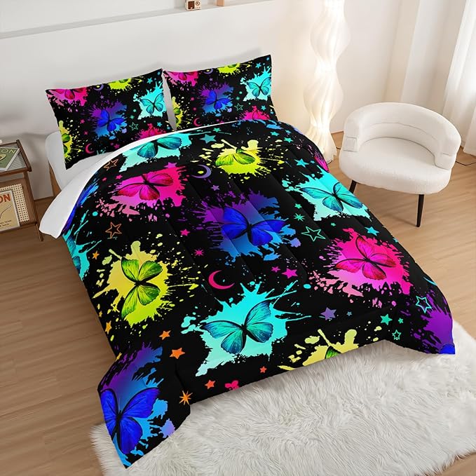 HOSIMA Colorful Butterfly Comforter Set for College Girls and Boys,3Pcs Bedding Set Colorful Ink Print Comforter with 2 Pillowcases,Star Moon Black King Size Comforter Set for All Seasons.