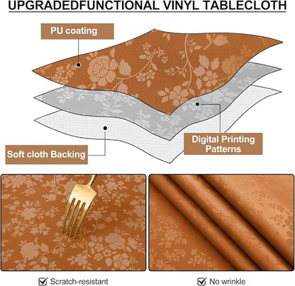 Smiry Round Waterproof Heavy Duty Vinyl Tablecloths, 60 x 60 Inch | Wipeable Washable Floral Embossed Table Cover for Kitchen and Dining Room, Indoor & Outdoor Use, Bronze