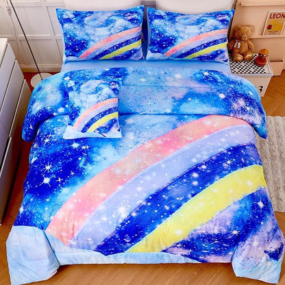 6Pcs Rainbow Girls Comforter Sets Full Size Blue Tie Dye Bed in A Bag for Kids/Teens Sparkle Galaxy Bedding Comforter Set Soft Lightweight Girls Bedding Sets for All Season