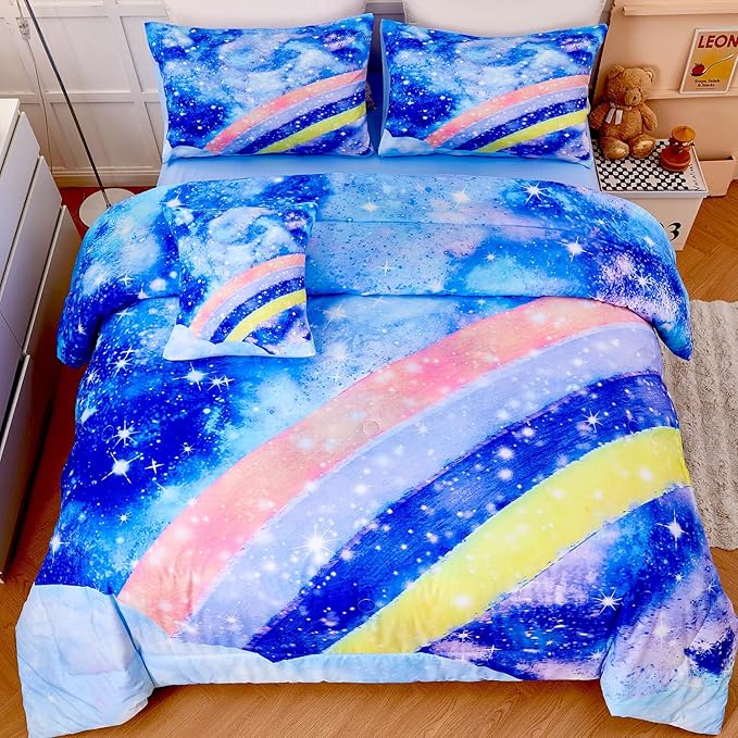 6Pcs Rainbow Bluey Girls Comforter Set Twin Gradient Glitter Bedding Sets Tie Dye Blue Girl Bed Set Soft Galaxy Kids Bed in A Bag with Sheets for All Season
