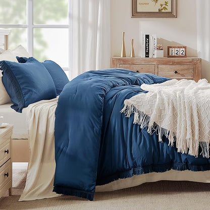 Andency Navy Blue Comforter King Size, 3 Pieces Boho Tassel Lightweight Bedding Comforter Sets for King Bed, All Season Soft Fluffy Fringe Bed Set (104x90In Comforter & 2 Pillowcases)