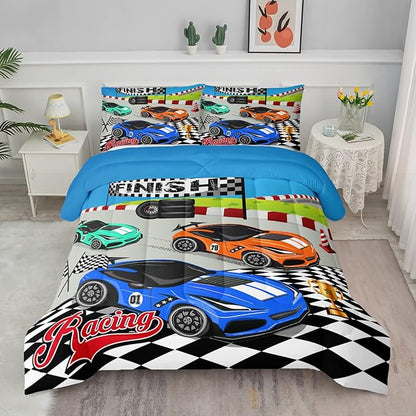 Axolotl Racing Car Bedding Set Full,Cool Speed Race Car Down Comforter for Kids Boys Girls Teens,Racing Car Comforter Set Car Theme with Three Cars Arrive at Finish,1 Comforter and 2 Pillowcases