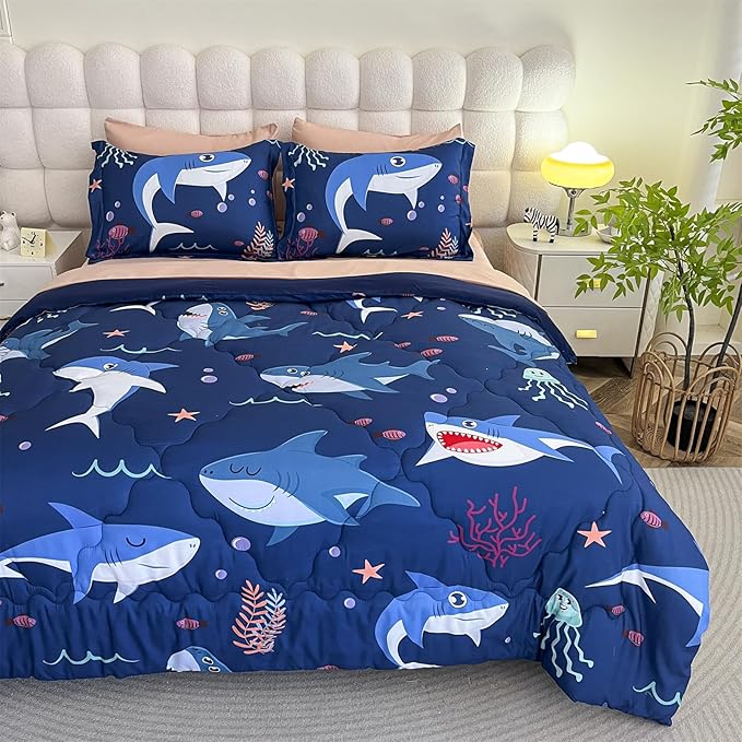 Boys Sharks Comforter Set Twin Size 7 Piece Cute Ocean Animal Jellyfish 3D Printed Bedding Set Bed in A Bag for Kids Girls Teens Lightweight Soft Bed Set All Seasons Navy Blue