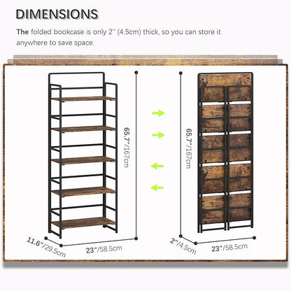 4NM No-Assembly 5 Tiers Folding Bookshelf Storage Shelves Vintage Bookcase Standing Racks Study Organizer Home Office (Rustic Brown, 5 Tiers)