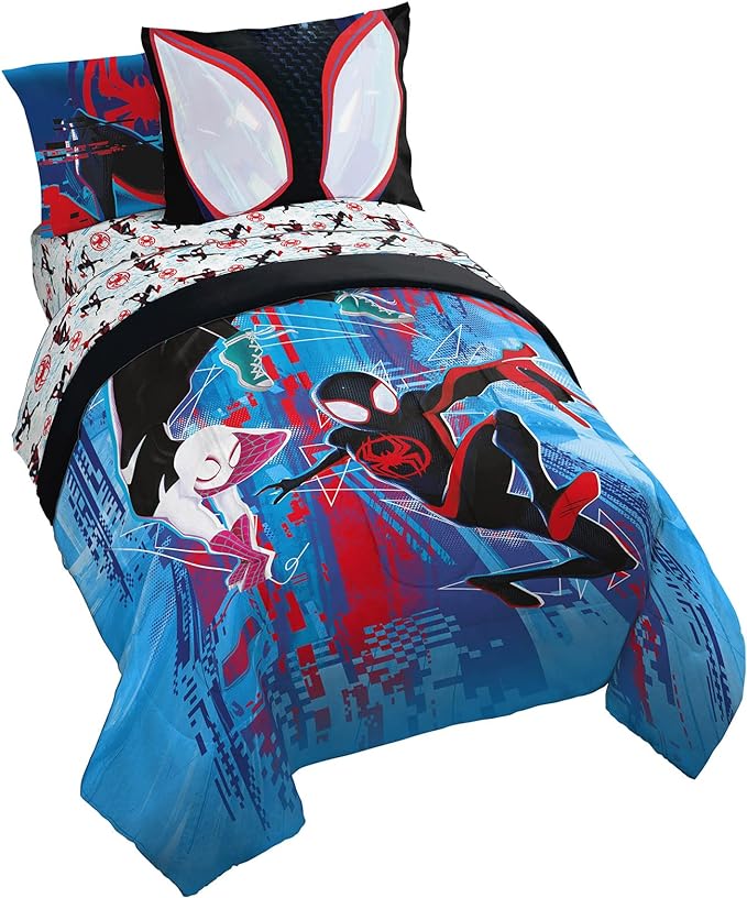 Marvel Spiderman Across The Spider-Verse Glitch 7 Piece Full Size Bed Set - includes Comforter & Sheet Set Bedding - Super Soft Fade Resistant Microfiber (Official Product)