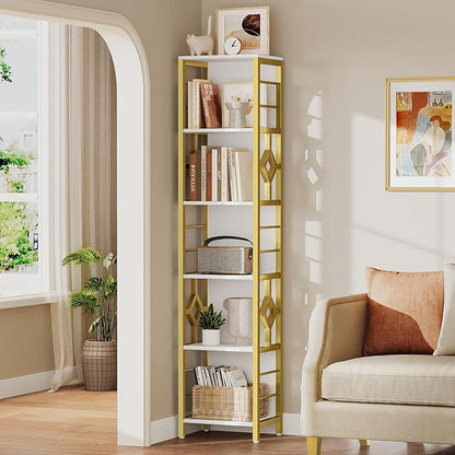 YITAHOME Narrow Bookshelf, 5-Tier White and Gold Book Shelf Storage Rack, Display Shelves Stand Etagere for Small Spaces, Open Bookcase for Bedroom Living Room Bathroom Kitchen, Gold