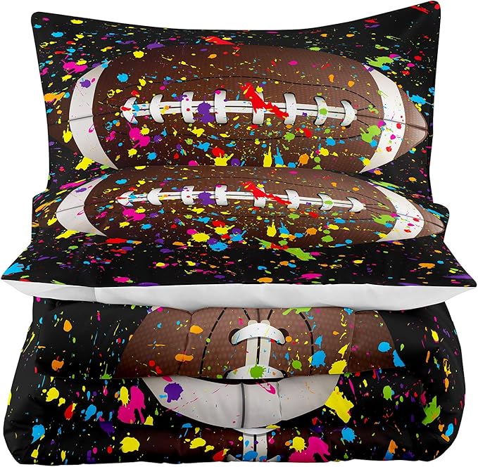 Tailor Shop Football Comforter Set for Boys Teens Kids Black Splash Ink Colorful Sports Football Bedding Set Queen Size with 1 Comforter 2 Pillow Shams……