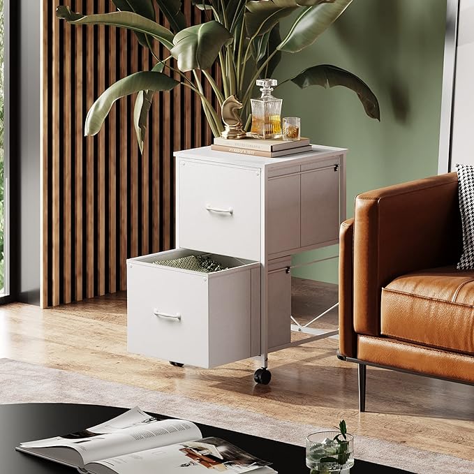 DEVAISE 2 Drawer Mobile File Cabinet, Rolling Printer Stand with Open Storage Shelf, Fabric Vertical Filing Cabinet fits A4 or Letter Size for Home Office, White