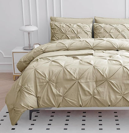 LANE LINEN King Comforter Set, 7 Piece King Size Bedding Set, Pintuck King Size Comforter Set with Sheets, Pillowcases & Shams, Soft King Bed in a Bag Set, King Size Bedding Set, King Bed Set - Linen