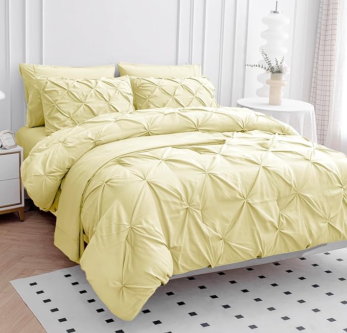 LANE LINEN Twin Comforter Set – 5 Piece Bed in a Bag – Pinch Pleated Twin Size Bedding Set with Comforter, Flat Sheet, Fitted Sheet, Pillowcase & Sham – Soft Pintuck Bed Set - Vanilla