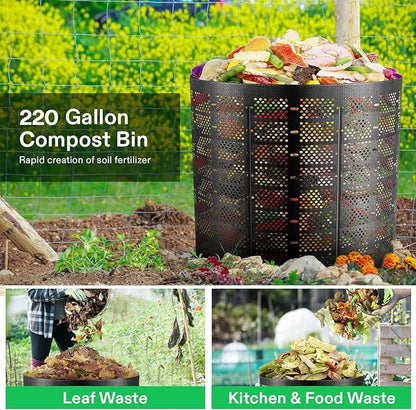 VIVOSUN 220 Gallon Outdoor Compost Bin, Expandable Composter, Easy to Setup & Large Capacity for Backyard, Lawn (Black with Gloves)