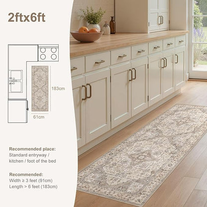 Washable 2x6 Runner Rug - Area Rugs Neutral Vintage Distressed Floral Farmhouse Boho Large Soft Floor Rug Indoor Carpet for Hallway Entryway Bedroom Kitchen - Brown/Multi
