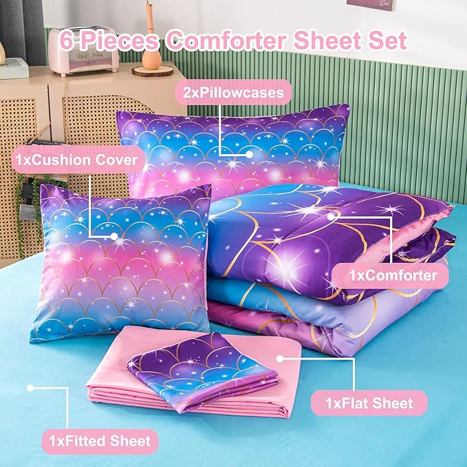 PERFEMET 6Pcs Mermaid Scale Comforter Sets Twin Size, 3D Pink Glitter Bed in A Bag for Teens Girls, Colorful Rainbow Bedding Comforter with Sheets Set, Ultra Soft Sparkly Galaxy Quilted Duvet