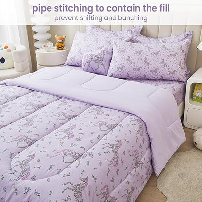 Mooreeke Twin Size Comforter Sets for Girls Kids, 6 Pieces Bed in a Bag Purple Floral Unicorn Bedding Comforter Sheet Set with Shams and Decorative Toy Pillow, Ultral Soft Microfiber Kids Bed Set