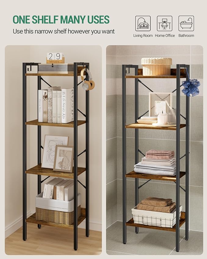 Bookshelf, Book Shelf, Industrial Bookcase with 2 Hooks, Coner Shelf Storage Organizer for Home Office, Living Room, Bedroom, Kitchen, 4-Tier Rustic Brown BC10401B