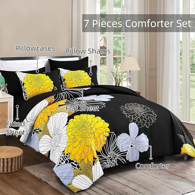 7 Pieces King Yellow Black Comforter Set Bed in a Bag Floral Bedding Set Soft Microfiber Comforter (1 Comforter 1 Flat Sheet 1 Fitted Sheet 2 Pillowshams 2 Pillowcases)