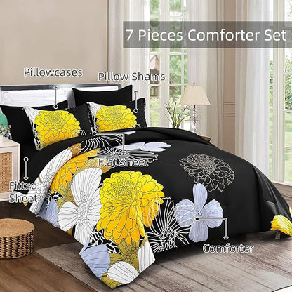 Bed in a Bag Queen Yellow Black Comforter Set 7 Pieces Soft Microfiber Floral Bedding Set with 1 Comforter 1 Flat Sheet 1 Fitted Sheet 2 Pillowshams 2 Pillowcases