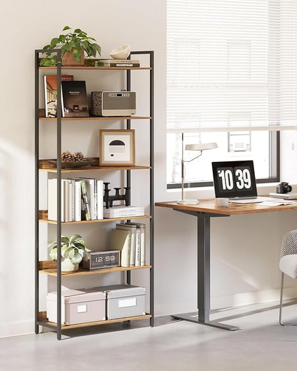6-Tier Bookshelf, Large Bookcase with Open Shelves, Tall Book Shelf Coner Shelf for Living Room, Bedroom, Home Office, Study, Bathroom,11.5 x 29.9 x 72.6 Inches, Rustic Brown and Black