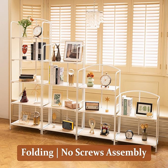 No Assembly Folding Bookshelf for Living Room, 2 Tier White Collapsible Book Shelf for Home Office, Portable Bookcase Storage Organizer
