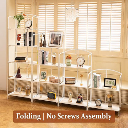 No Assembly Folding Bookshelf for Living Room, 2 Tier White Collapsible Book Shelf for Home Office, Portable Bookcase Storage Organizer