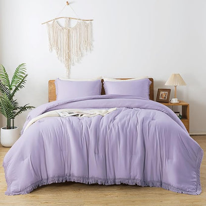 Andency Full Size Comforter Set Lavender, Purple 3 Pieces Boho Lightweight Bedding Comforters & Sets, All Season Soft Tassel Bed Set (78x90In Comforter & 1 Pillowcase)
