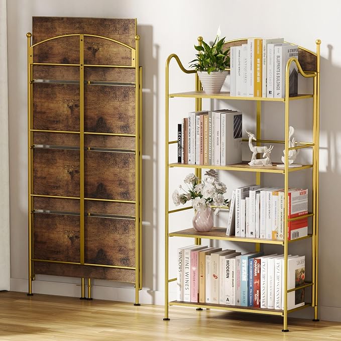Folding Bookshelf No Assembly, 4 Shelf Gold Folding Bookcase with Sturdy Metal Frame, Vintage Open Standing Collapsible Shelves for Bedroom, Living Room, Home Office Organization