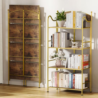 Folding Bookshelf No Assembly, 4 Shelf Gold Folding Bookcase with Sturdy Metal Frame, Vintage Open Standing Collapsible Shelves for Bedroom, Living Room, Home Office Organization