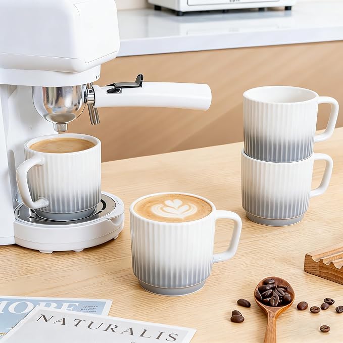 8 oz Stackable Coffee Mugs Set of 4, Ceramic Coffee Mug Cappuccino Cups | Coffee Cup for Hot Drinks, Latte, Cocoa & Tea, Coffee Mug for Home & Office Use, Birthday Gift for Coffee Lovers, Grey