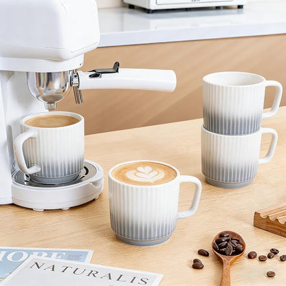 8 oz Stackable Coffee Mugs Set of 4, Ceramic Coffee Mug Cappuccino Cups | Coffee Cup for Hot Drinks, Latte, Cocoa & Tea, Coffee Mug for Home & Office Use, Birthday Gift for Coffee Lovers, Grey