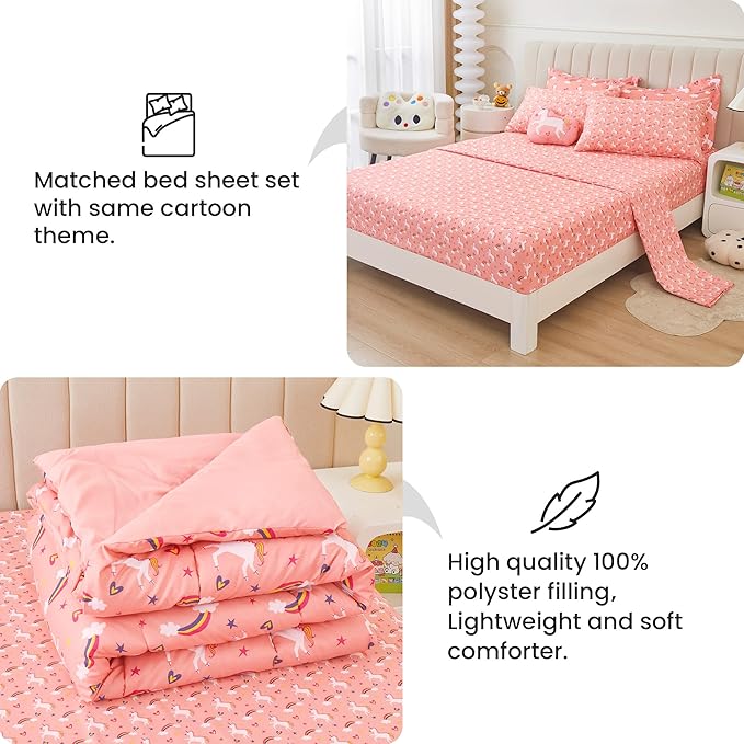 Mooreeke Twin Size Comforter Sets for Girls Kids, 6 Pieces Bed in a Bag Pink Unicorn Rainbow Bedding Comforter Sheet Set with Shams and Decorative Toy Pillow, Ultral Soft Microfiber Kids Bed Set