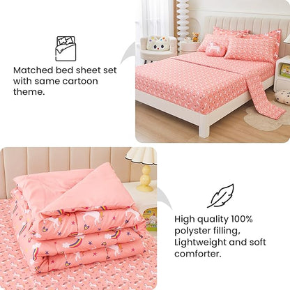 Mooreeke Twin Size Comforter Sets for Girls Kids, 6 Pieces Bed in a Bag Pink Unicorn Rainbow Bedding Comforter Sheet Set with Shams and Decorative Toy Pillow, Ultral Soft Microfiber Kids Bed Set