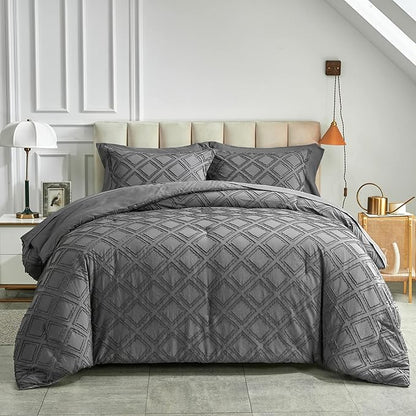 7 Pieces Tufted Bed in a Bag King Comforter Set with Sheets Dark Grey, Soft and Embroidery Shabby Chic Boho Bohemian, Luxury Solid Color with Diamond Pattern, Jacquard Tufts Bedding Set for All Season