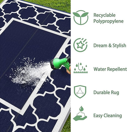 GENIMO 5' x 8' Outdoor Rug Waterproof for Patio Fall Decor, Foldable Reversible Plastic Straw Area Rugs Mat for Camper, Outside Carpet for Rv, Deck, Porch, Picnic, Beach, Balcony, Blue & White
