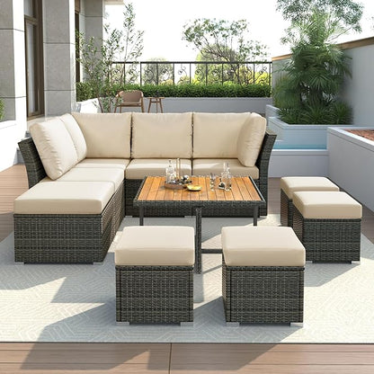 9-Pieces Outdoor Rattan Sectional Sofa Set, Wicker Patio Conversation Furniture with L-shape Couch&Storage Ottomans, Acacia Wood Coffee Table, for Garden Yard, Gray Wicker&Beige Cushion