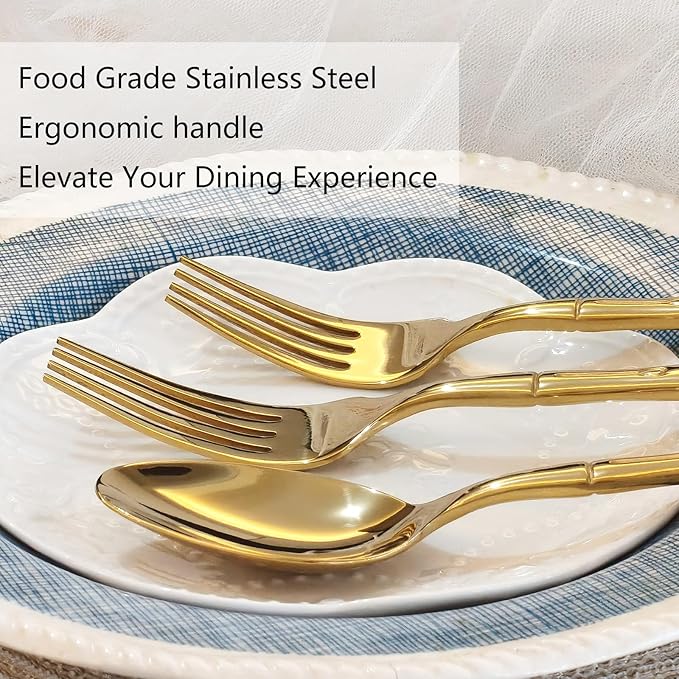 Gold 20-Piece Silverware Set, Bamboo Pattern Stainless Steel Flatware Set, Cutlery Set Mirror Polished, Dishwasher Safe, Service for 4