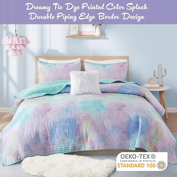 Intelligent Design Queen Quilt Set Boho Quilt Set, Watercolor Tie-Dye Coverlet Set, Casual & Trendy Quilted Lightweight Bedspread, All Season Bed Set, Shams, Cassiopeia, Full/Queen, Pink/Blue 4 Piece