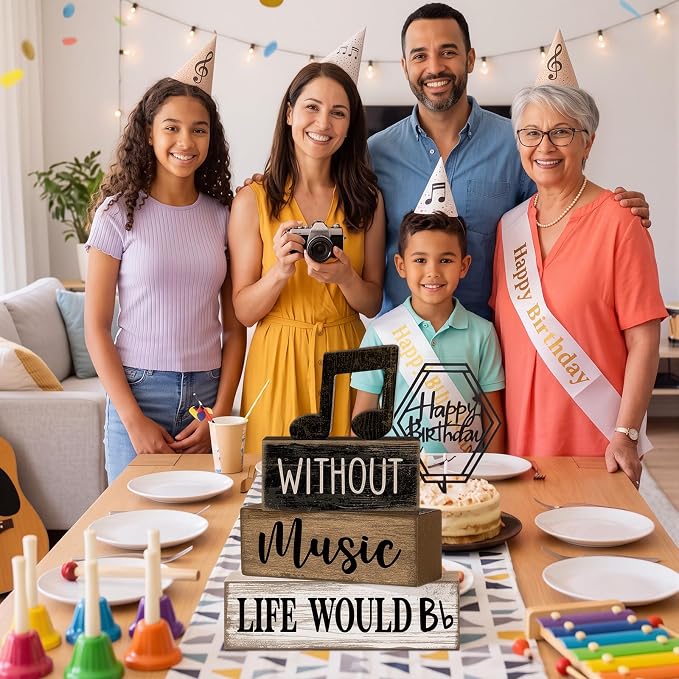 Moucuny 4 Pcs Music Notes Decor Wooden Centerpiece Musicical Party Decoration Musical Notes Theme Tiered Tray Table Signs, Farmhouse Wood Book Stack Decor Office Accessories for Music Home Room Gift