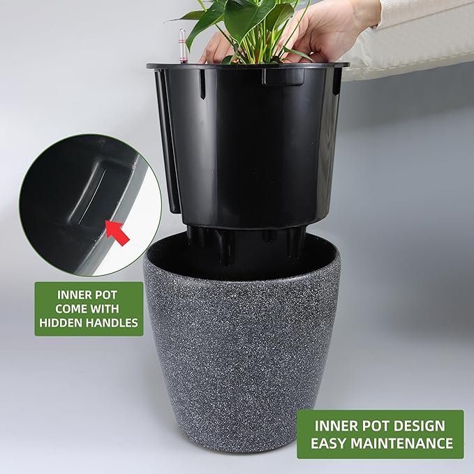 Dexceder 15x14 Self Watering Planter with Wheels Indoor Outdoor, Inner Pot Design, Thickened Large Floor Standing Flower Plant Pot with Water Level Indicator (Stone Matte)