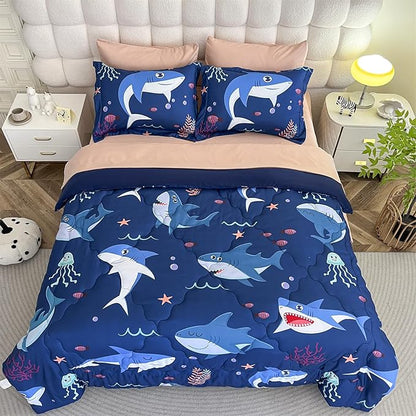 Boys Sharks Comforter Set Full Size 7 Piece Cute Ocean Animal Jellyfish 3D Printed Bedding Set Bed in A Bag for Kids Girls Teens Lightweight Soft Bed Set All Seasons Navy Blue