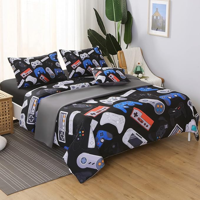 JQinHome Full Gamer Comforter Set for Boys,6 Piece Bed in A Bag 3D Video Game Bedding -All Season Soft Microfiber Down Alternative Comforter Gamer Bedding Sets for Kids(Gamepad Collection)