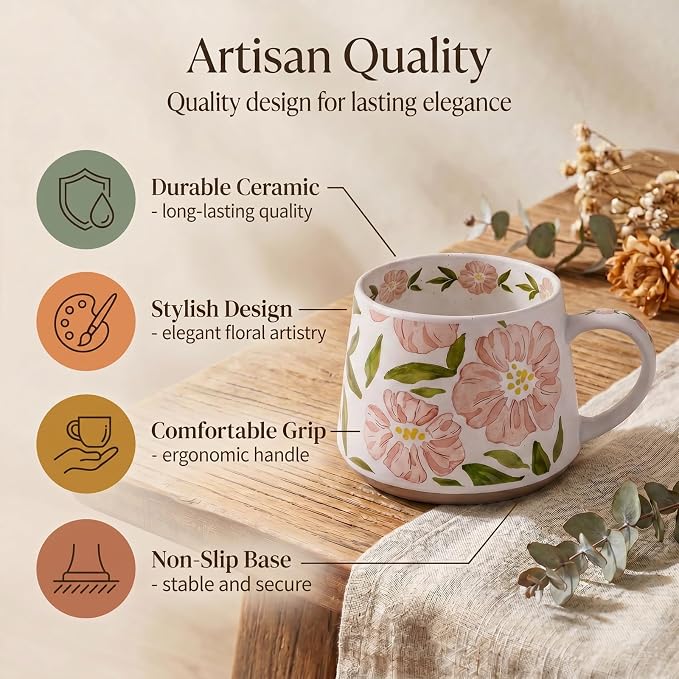 Ceramic Coffee Mug, 13oz Floral Design Pottery cute mugs, Ideal Gift for Women unique vintage pretty coffee mugs (Pink Bulky Flower Mug)
