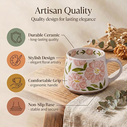 Ceramic Coffee Mug, 13oz Floral Design Pottery cute mugs, Ideal Gift for Women unique vintage pretty coffee mugs (Pink Bulky Flower Mug)
