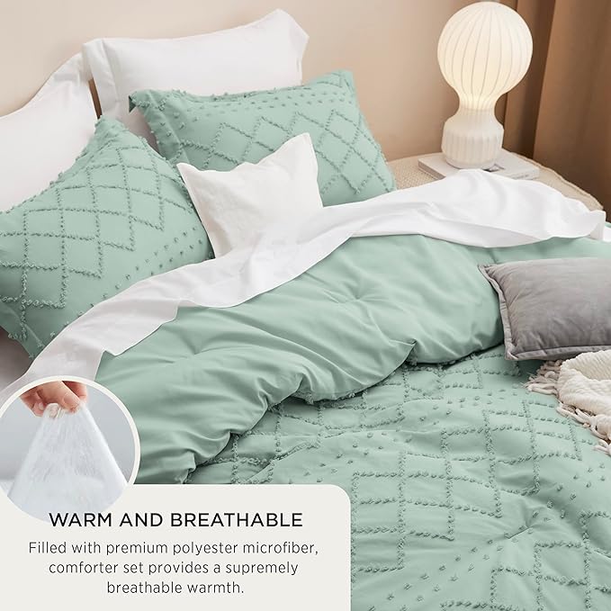 Bedsure Full Size Comforter Set - Sage Green Comforter, Boho Tufted Shabby Chic Bedding Comforter Set, 3 Pieces Farmhouse Bed Set for All Seasons, Fluffy Soft Bedding Set with 2 Pillow Shams