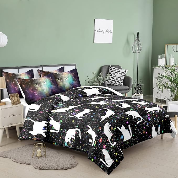 Tailor Shop Cat Comforter Set for Kids Boys Girls Teens Cute Cartoon Cat Galaxy Bedding Sets Black Dreamy Outer Space Twin Size with 1 Comforter 1 Pillow Sham…………
