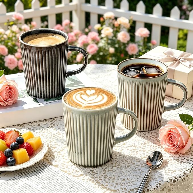 Coffee Mugs Set of 4, 18oz Large Striped Stoneware Coffee Cups with Handle | Handmade Ceramic Mugs Set for Women and Men, Dishwasher and Microwave Safe, Suitable for Hot Coffee, Tea, Cocoa, Milk, Glossy