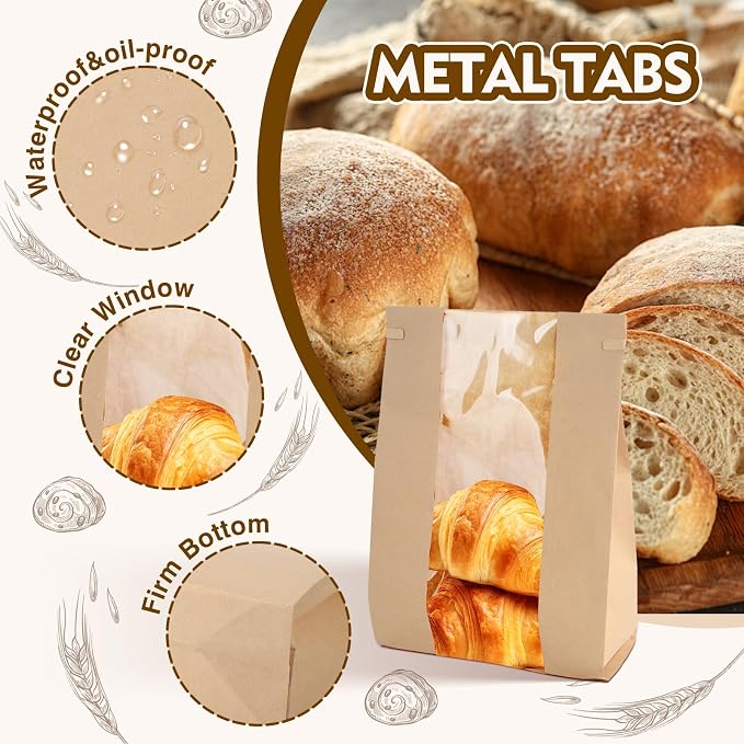 30 Pack Bakery Bags with Window Kraft Paper Bread Bags Bread Loaf Bags with Tin Tie Tab Lock Toast Bags Baked Food Packaging Storage