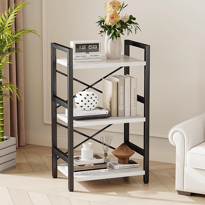 Bookshelf, 3 Tier Industrial Bookcase, Metal Small Bookcase, Rustic Etagere Book Shelf Storage Organizer for Living Room, Bedroom, and Home Office(White) Patent Pending D29873033